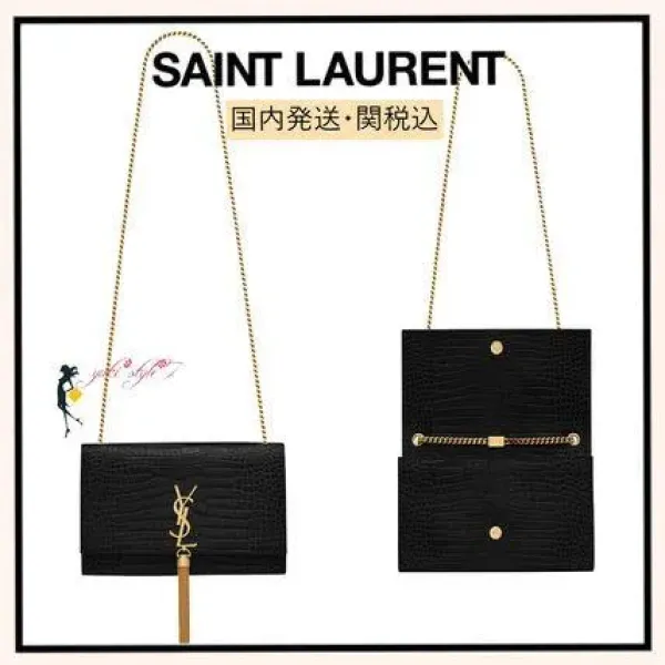 【2026】SAINT LAURENT YSL タッセル付きKATEミディアム、光沢のあるクロコダイルエンボスレザーバッグ