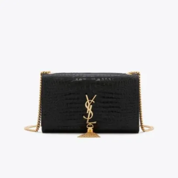 【2026】SAINT LAURENT YSL タッセル付きKATEミディアム、光沢のあるクロコダイルエンボスレザーバッグ