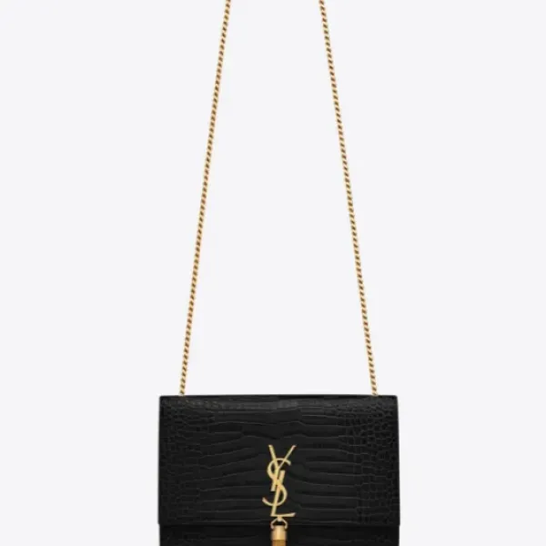 【2026】SAINT LAURENT YSL タッセル付きKATEミディアム、光沢のあるクロコダイルエンボスレザーバッグ