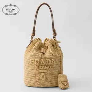 PRADA プラダ◆ラフィア×レザー ミニバケットバッグ ストラップ付 15*19*10CM  240920