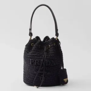 PRADA プラダ◆ラフィア×レザー ミニバケットバッグ ストラップ付 15*19*10CM  240920