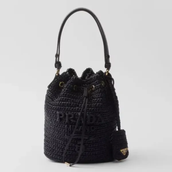PRADA プラダ◆ラフィア×レザー ミニバケットバッグ ストラップ付 15*19*10CM  240920
