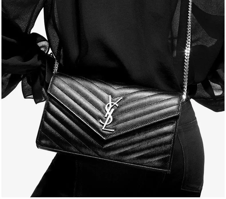 【2026】SAINT LAURENT YSL サンローランレディースミニレターロゴグレインテクスチャーエンボスレザーチェーンウォレット
