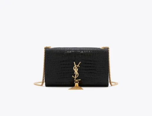 【2026】SAINT LAURENT YSL タッセル付きKATEミディアム、光沢のあるクロコダイルエンボスレザーバッグ