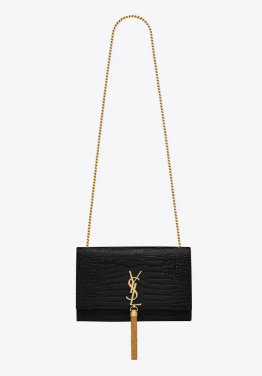 【2026】SAINT LAURENT YSL タッセル付きKATEミディアム、光沢のあるクロコダイルエンボスレザーバッグ