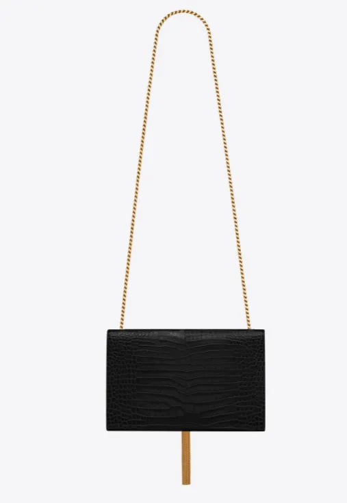 【2026】SAINT LAURENT YSL タッセル付きKATEミディアム、光沢のあるクロコダイルエンボスレザーバッグ