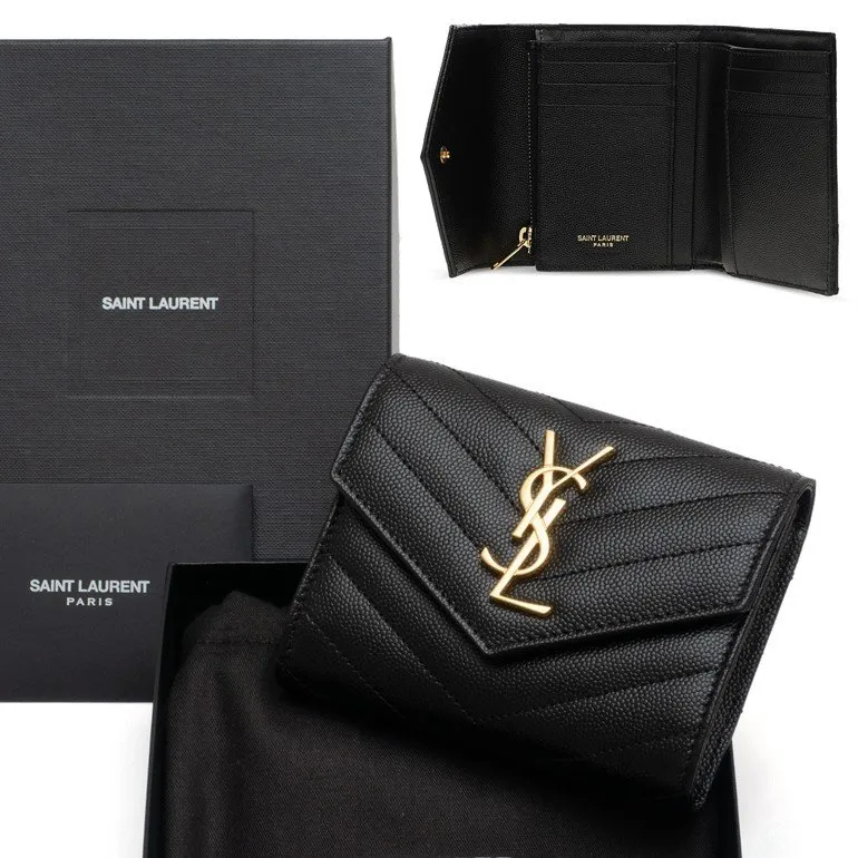 【2026】SAINT LAURENT YSL モノグラム コンパクト スリーフォールド ウォレット（ブラック／テクスチャードキルティングレザー）12.5*10*2.5cm