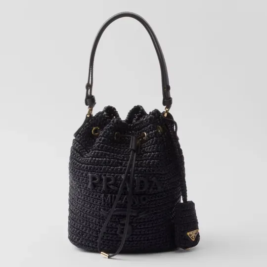 PRADA プラダ◆ラフィア×レザー ミニバケットバッグ ストラップ付 15*19*10CM  240920
