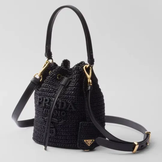 PRADA プラダ◆ラフィア×レザー ミニバケットバッグ ストラップ付 15*19*10CM  240920